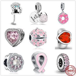 925 Silver Rose Heart Pink Sparkle Flower Spacer Charm Bead for DIY Jewelry