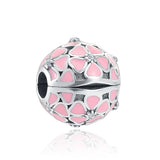 925 Silver Rose Heart Pink Sparkle Flower Spacer Charm Bead for DIY Jewelry
