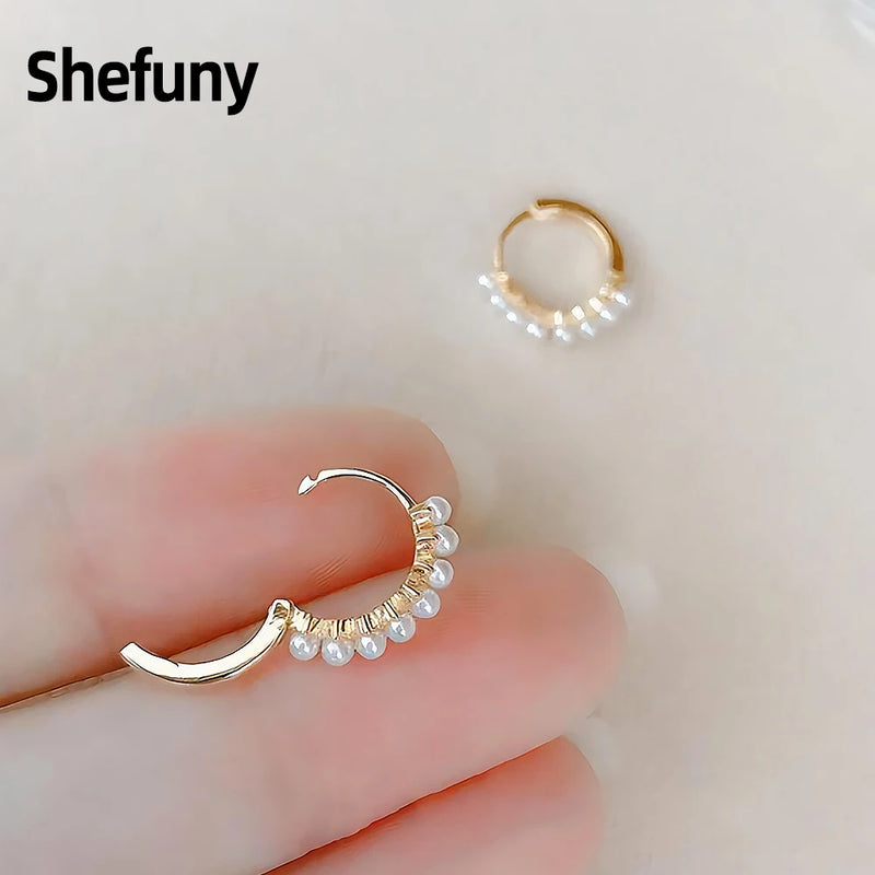 925 Silver Pearl Hoop Earrings Plated Round Earring for Women