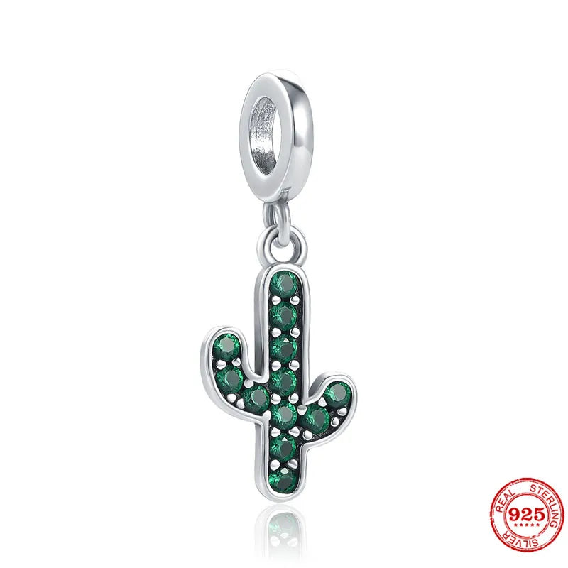 925 Silver Green Cactus Pendant Charm Bead DIY Jewelry