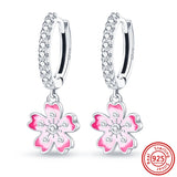 925 Silver Pink Style Hoops Earrings Flower Heart Love Cat Jewelry