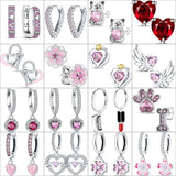 925 Silver Pink Style Hoops Earrings Flower Heart Love Cat Jewelry