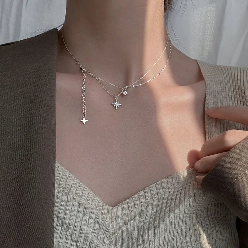 925 Silver Star Necklace Layered Pendant Choker Chain Gift