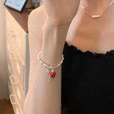 925 Silver Strawberry Flower Beads Bracelet For Woman Girl