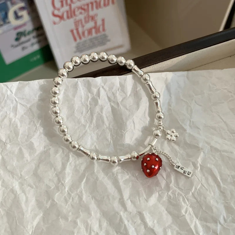 925 Silver Strawberry Flower Beads Bracelet For Woman Girl