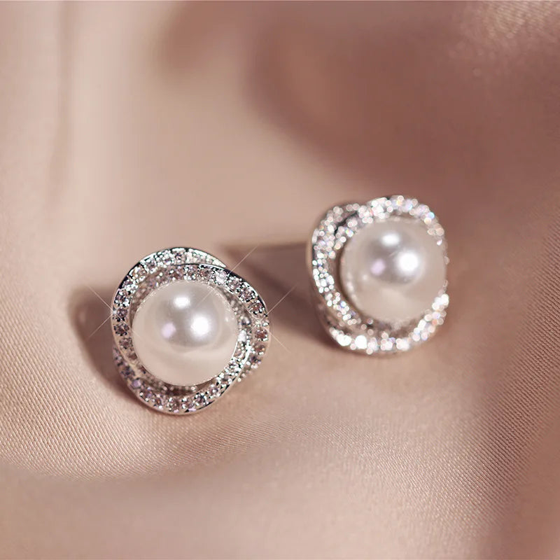 925 Silver Pearl Zircon Earrings French Vintage Jewelry Party