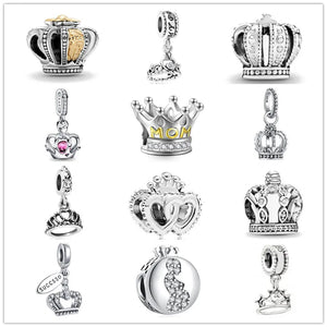 925 Silver Crown Dangle Charm Bead Bracelet Pendant DIY Women Jewelry Gift