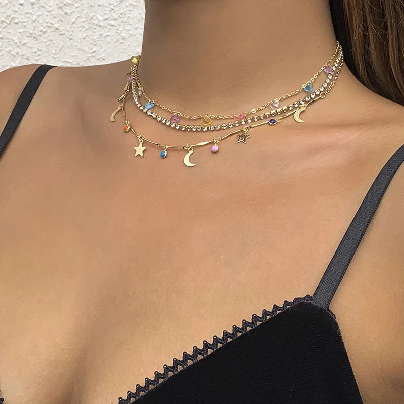 925 Silver Triple Necklace Moon Zirconia Choker Gift