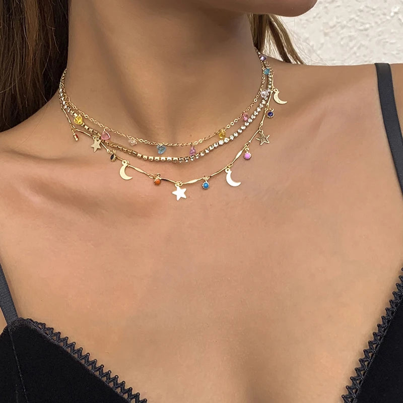 925 Silver Triple Necklace Moon Zirconia Choker Gift