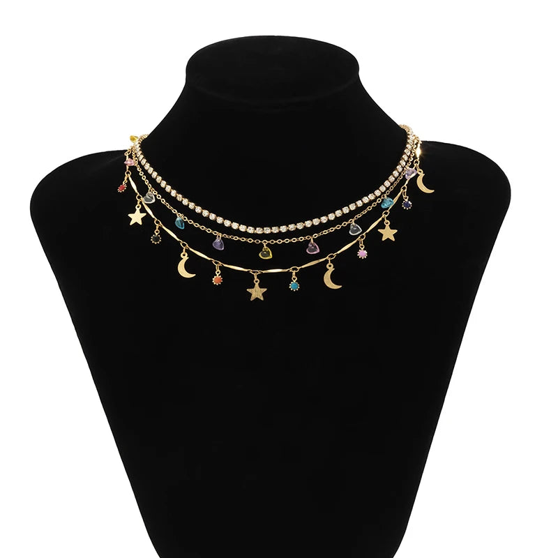 925 Silver Triple Necklace Moon Zirconia Choker Gift
