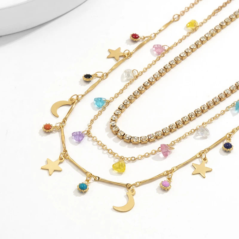 925 Silver Triple Necklace Moon Zirconia Choker Gift