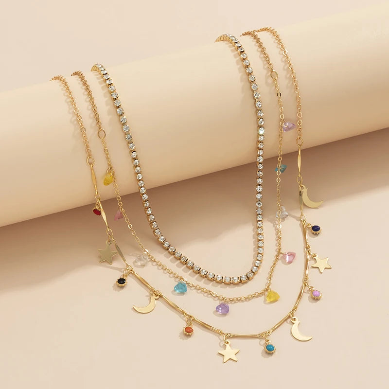 925 Silver Triple Necklace Moon Zirconia Choker Gift