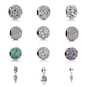 925 Silver Pink Green Pave Bead Necklace Charms Bracelet Accessories