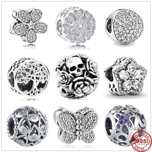 925 Silver Zirconia Family Tree Butterfly Charm Bead for DIY Jewelry
