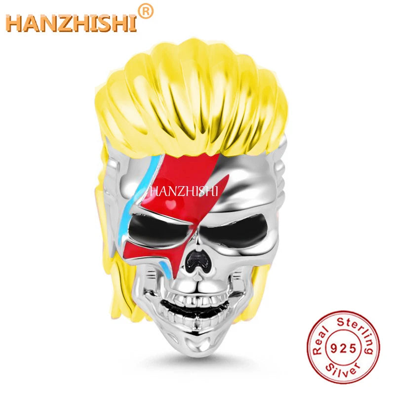 925 Silver Yellow Enamel Hair Skull Charm Beads Bracelet Necklace Jewelry