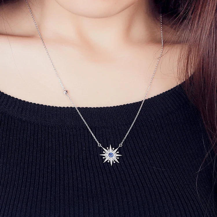 925 Silver Zircon Sun Necklace Pendant Women's Jewelry Statement