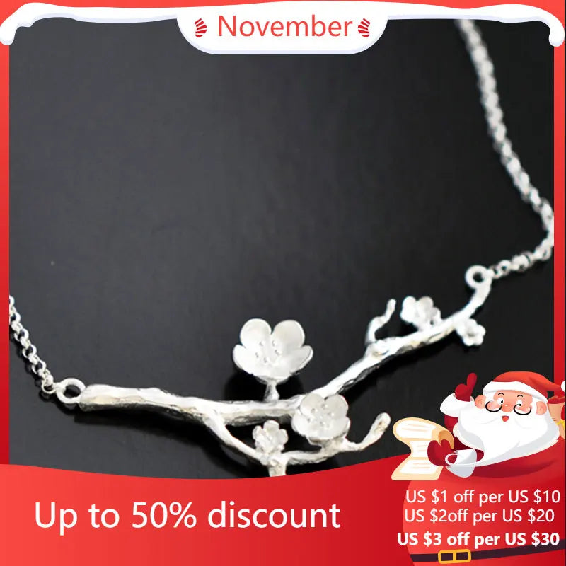 925 Silver Branch Flower Necklace Pendant for Women