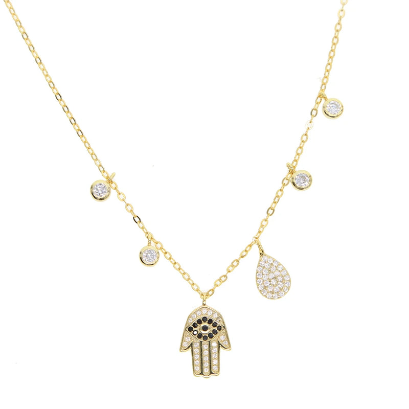 925 Silver Hamsa Hand Necklace CZ Fatima Hand Jewelry