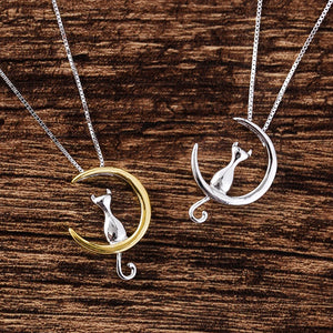 925 Silver Moon Cat Necklace Pendant for Women