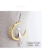 925 Silver Moon Cat Necklace Pendant for Women
