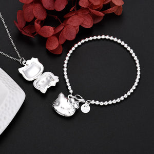 925 Silver Cat Necklace Bracelet Set for Women