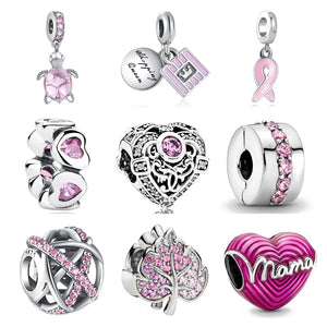 925 Silver Pink Row Clip Charm Beads for Bracelet DIY Jewelry