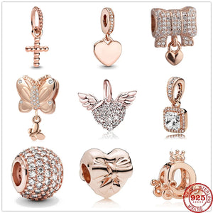 925 Silver Heart Cross Rose Charm Dangle Beads for Bracelet DIY Jewelry
