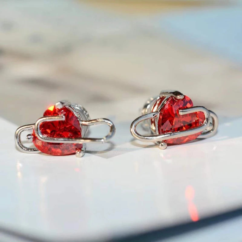 925 Silver Diamond Red Heart Earrings