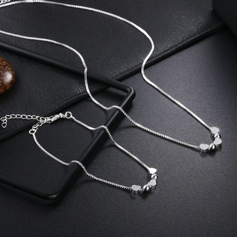 925 Silver Heart Bracelet Necklace Set for Women Wedding Party