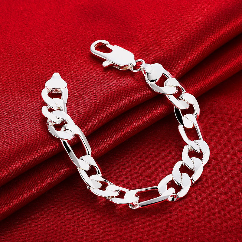 925 Silver Bracelets Charm 12MM Chain Men Wedding Party Christmas Hot Jewelr