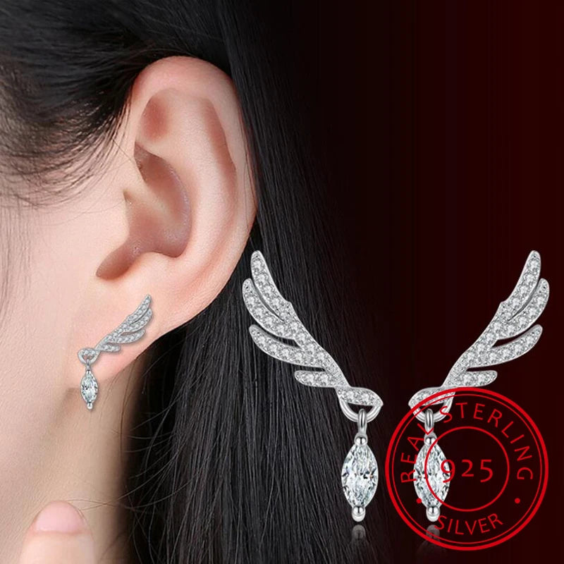 925 Silver Angel Wings Stud Earrings Zirconia Korea Jewelry Oorbellen