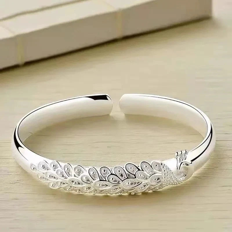 925 Silver Peacock Bracelet Bangle Wedding Jewelry