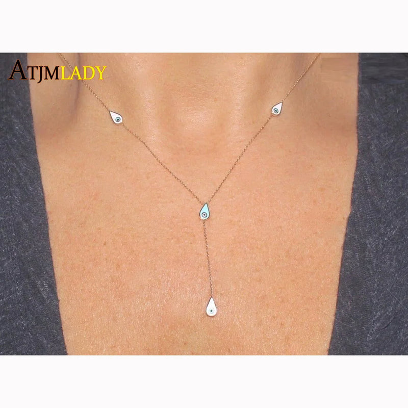 925 Silver Enamel Eyes Tear Drop Charm Lariat Necklace