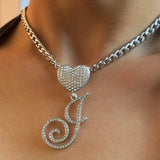 Cursive Letter Heart Necklace Iced Out Cuban Chain Choker Hip hop Jewelry