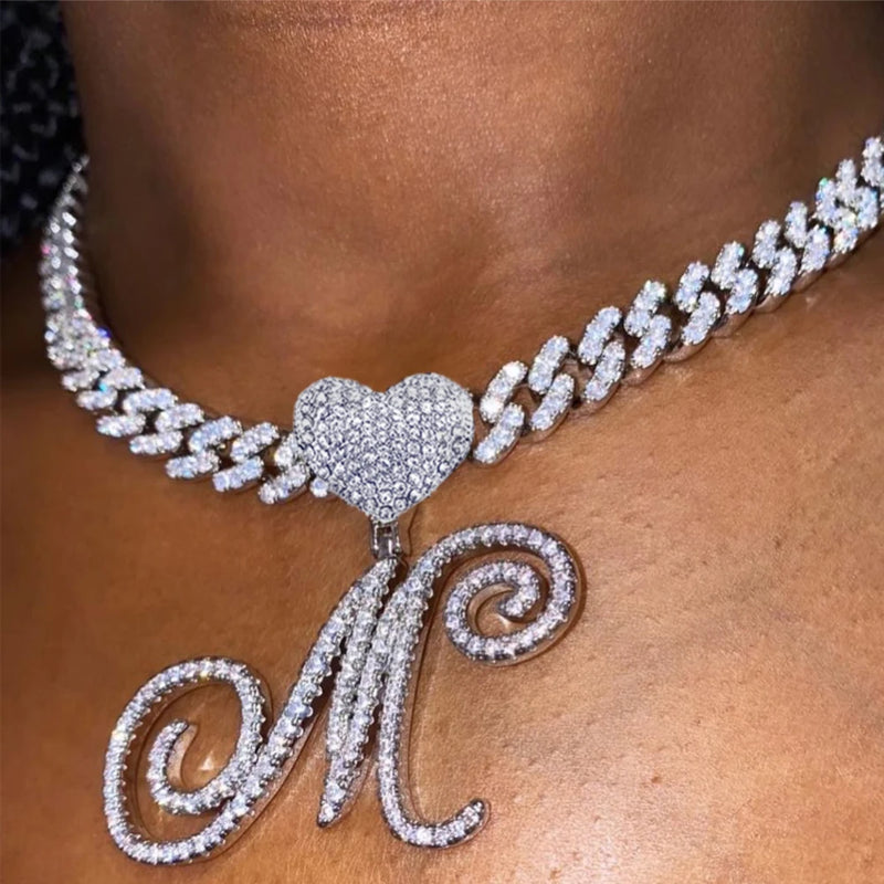 Cursive Letter Heart Necklace Iced Out Cuban Chain Choker Hip hop Jewelry