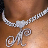 Cursive Letter Heart Necklace Iced Out Cuban Chain Choker Hip hop Jewelry