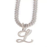 Cursive Letter Pendant Iced Out Cuban Necklace with Zircon Link Chain Choker