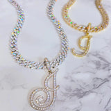 Cursive Letter Pendant Iced Out Cuban Necklace with Zircon Link Chain Choker