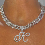 Cursive Letter Pendant Iced Out Cuban Necklace with Zircon Link Chain Choker