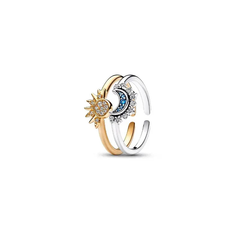 Adjustable Sun and Moon Ring Overlapping Rings Women Girls Jewelry
