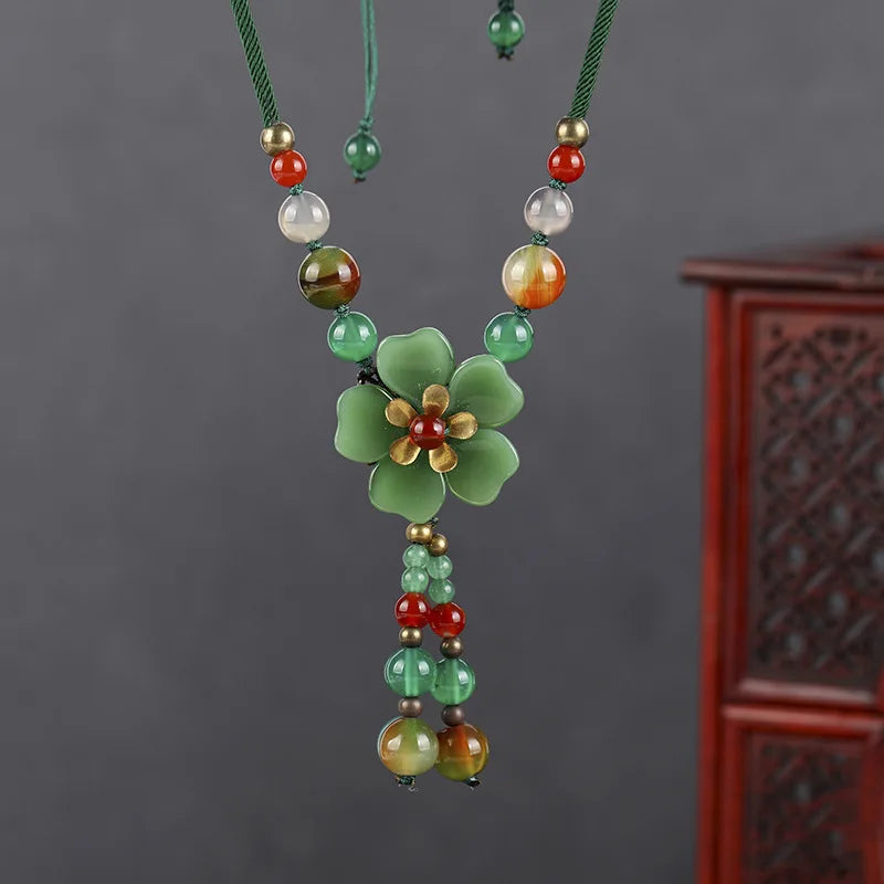 Alloy Petal Agate Necklace Peace Flower Semi Precious Stone Hand Woven Ethnic
