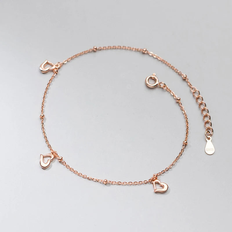 Women's Silver Heart Anklet Bracelet 925 Summer Foot Chain Rose