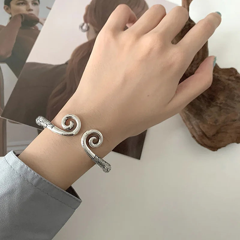 925 Silver Retro Weaving Twist Bangle Jewelry For Women