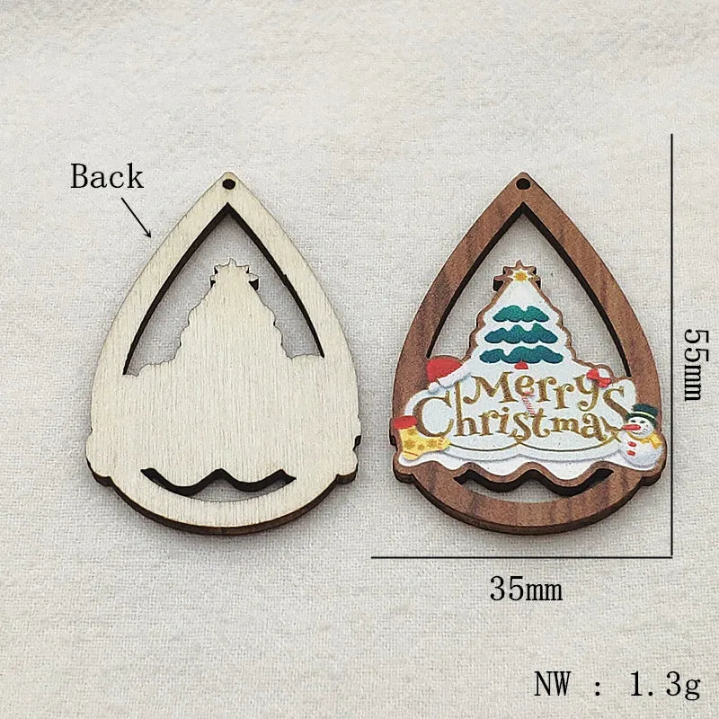 100pcs Wood Charm Coloured Draw Pendants Christmas Earring DIY Jewelry Findings
