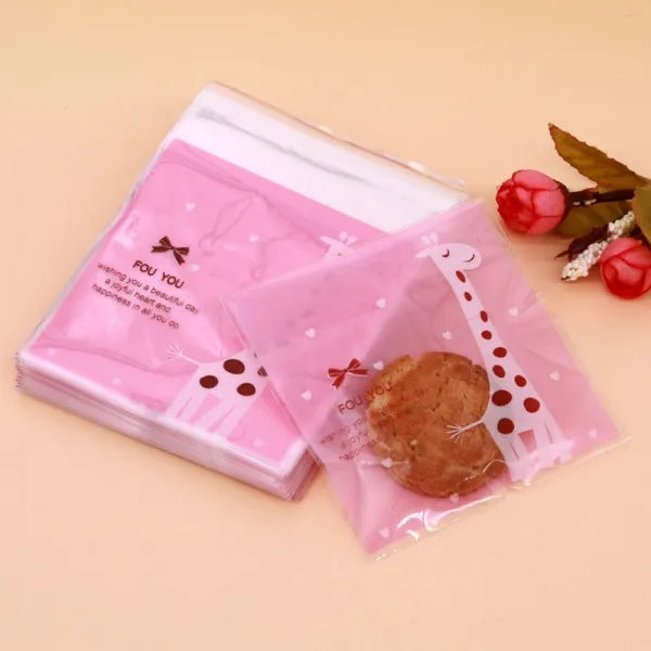 100pcs Pink & Green Giraffe Cartoon Cookies Bags Snack Biscuits Packing