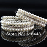 3pcs 3rows Clear Czech Rhinestones Pearl Stretchy WomenBangles Bracelets