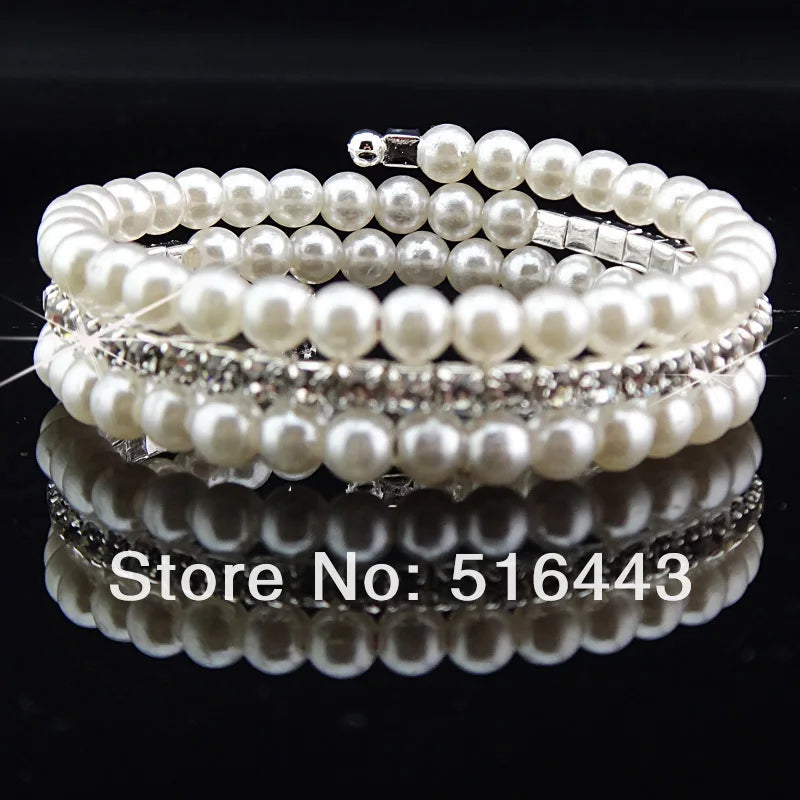 3pcs 3rows Clear Czech Rhinestones Pearl Stretchy WomenBangles Bracelets