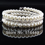 3pcs 3rows Clear Czech Rhinestones Pearl Stretchy WomenBangles Bracelets