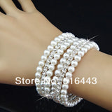 3pcs 3rows Clear Czech Rhinestones Pearl Stretchy WomenBangles Bracelets