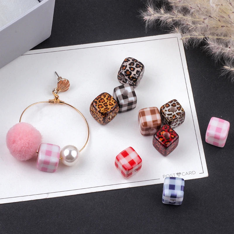 50pcs Square Cube Resin Beads DIY Jewelry Findings Leopard Print